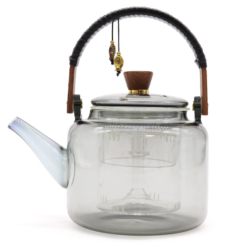 Ceainic modern din sticlă borosilicată de 1000ml cu mâner charcoal și sistem de infuzare prin abur - Ora de Ceai.